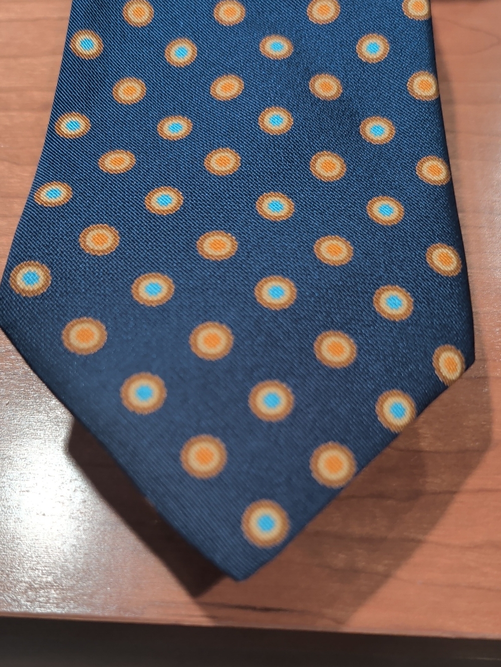 Classic Navy Tie with Orange Dot Pattern